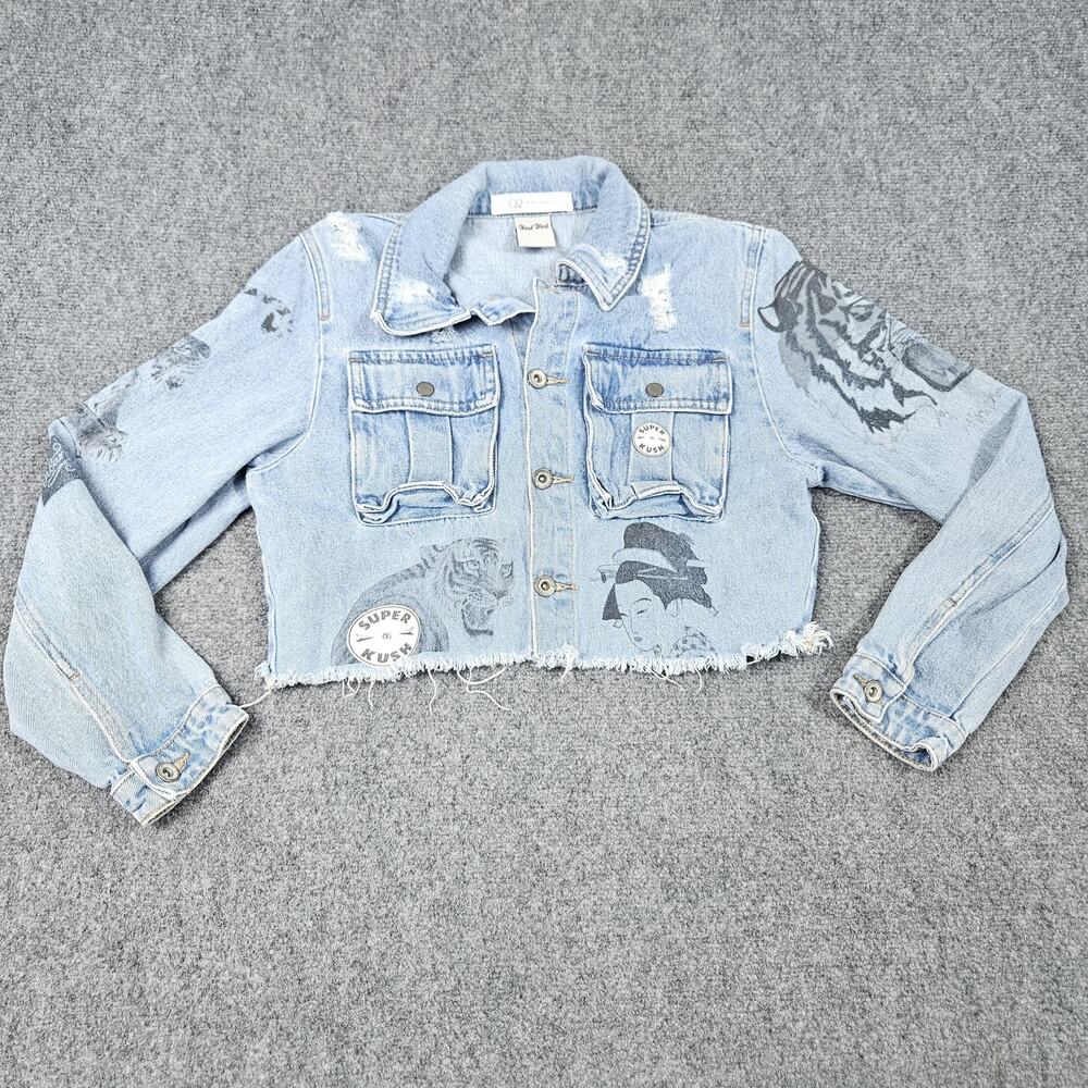 Custom Painted Cropped‎ Jean Jacket Medium Cannabis Super Kush Tigers Trees Q2